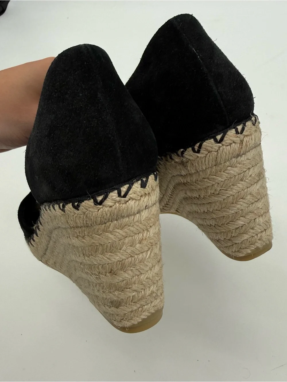 Vince Black Espadrille Wedges Suede Peep Toe Size 7.5M Designer Sonora Cutout